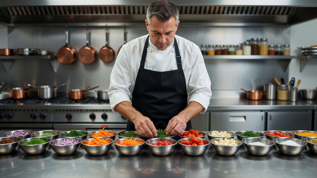 Chef arranging prepared ingredients in an orderly kitchen mise en place