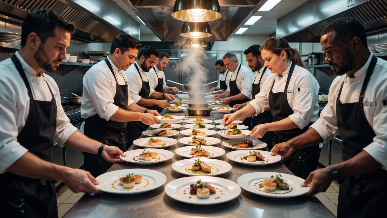 Kitchen staff coordinating plated dishes across a restaurant pass