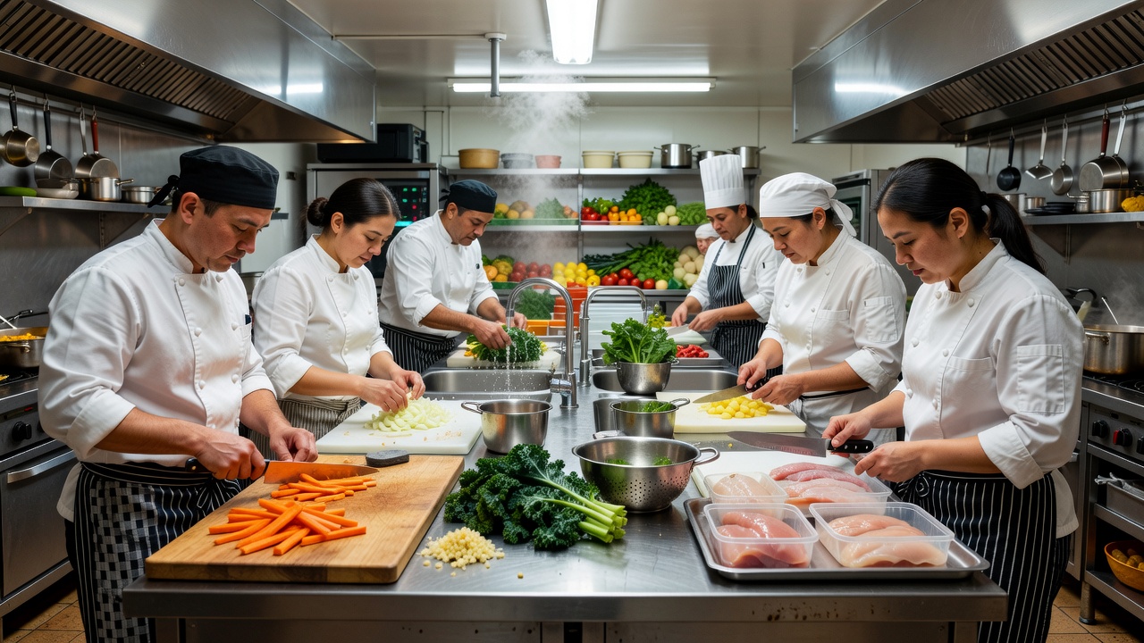 Restaurant kitchen team preparing ingredients before a service